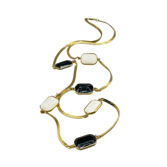 Vintage 90s Gold Tone Necklace with Black & White Acrylic Stones 28" Long - Picture 1 of 7